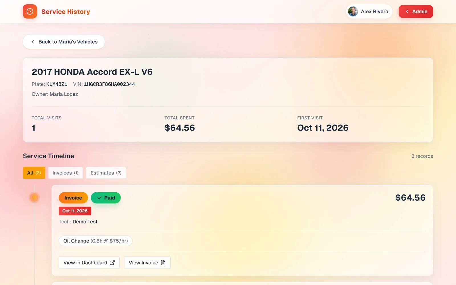 A vehicle history page with plate, VIN, owner, total visits, total spent, first visit, and a Service Timeline of invoices and estimates with View Invoice buttons