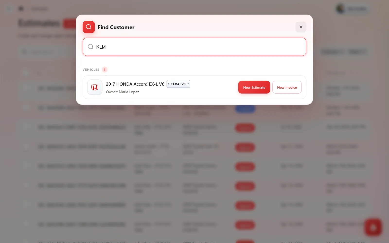 The Find Customer popup on the Estimates list: typing KLM matches the vehicle with plate KLM4821 and offers New Estimate and New Invoice buttons
