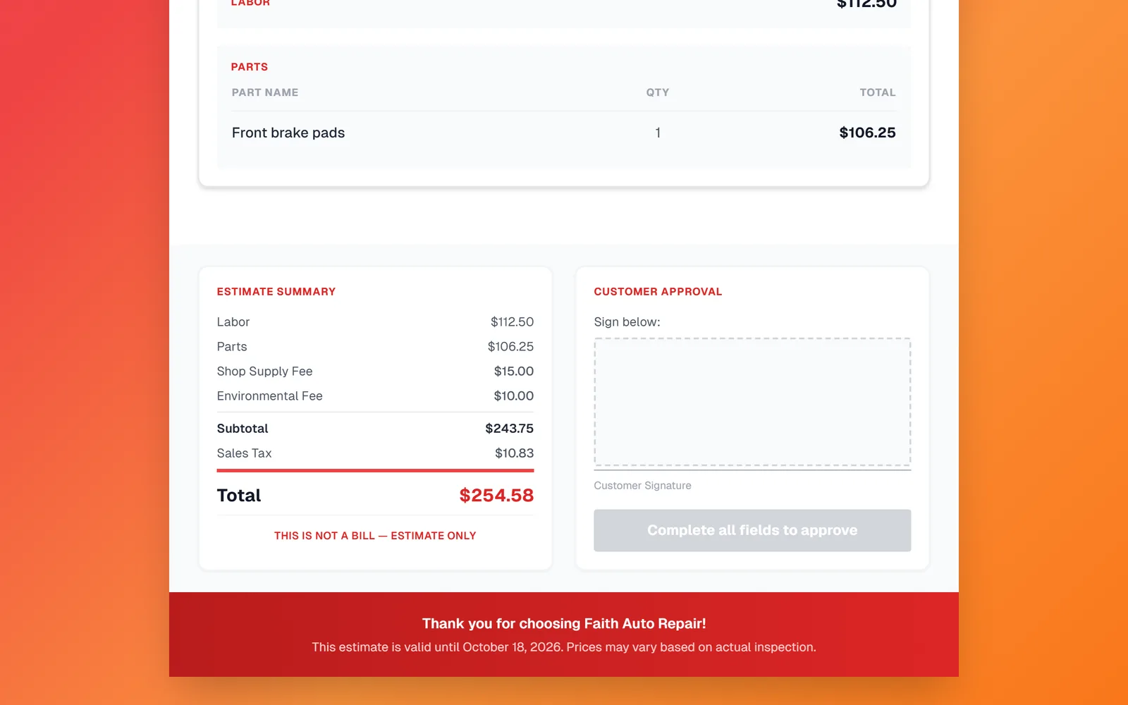The Customer Approval box on the estimate page with an empty signature pad and a greyed out Complete all fields to approve button