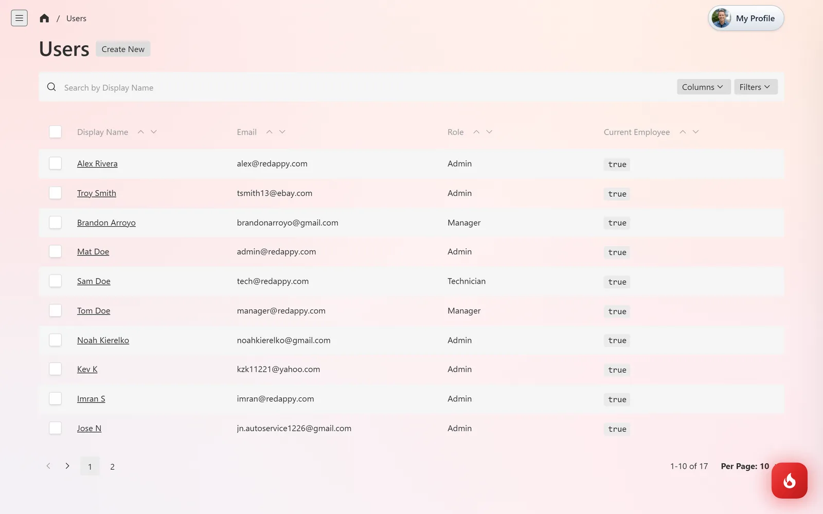 The Users list with Display Name, Email, Role, and Current Employee columns