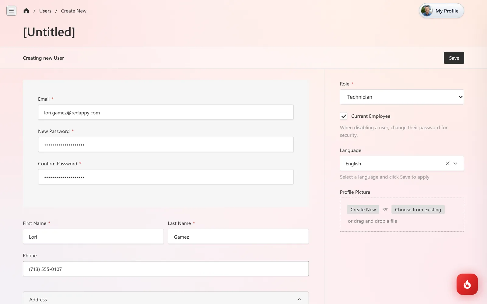 New user form with Email, New Password, Confirm Password, First Name, Last Name, Phone, and in the right column Role set to Technician, Current Employee ticked, Language, and Profile Picture