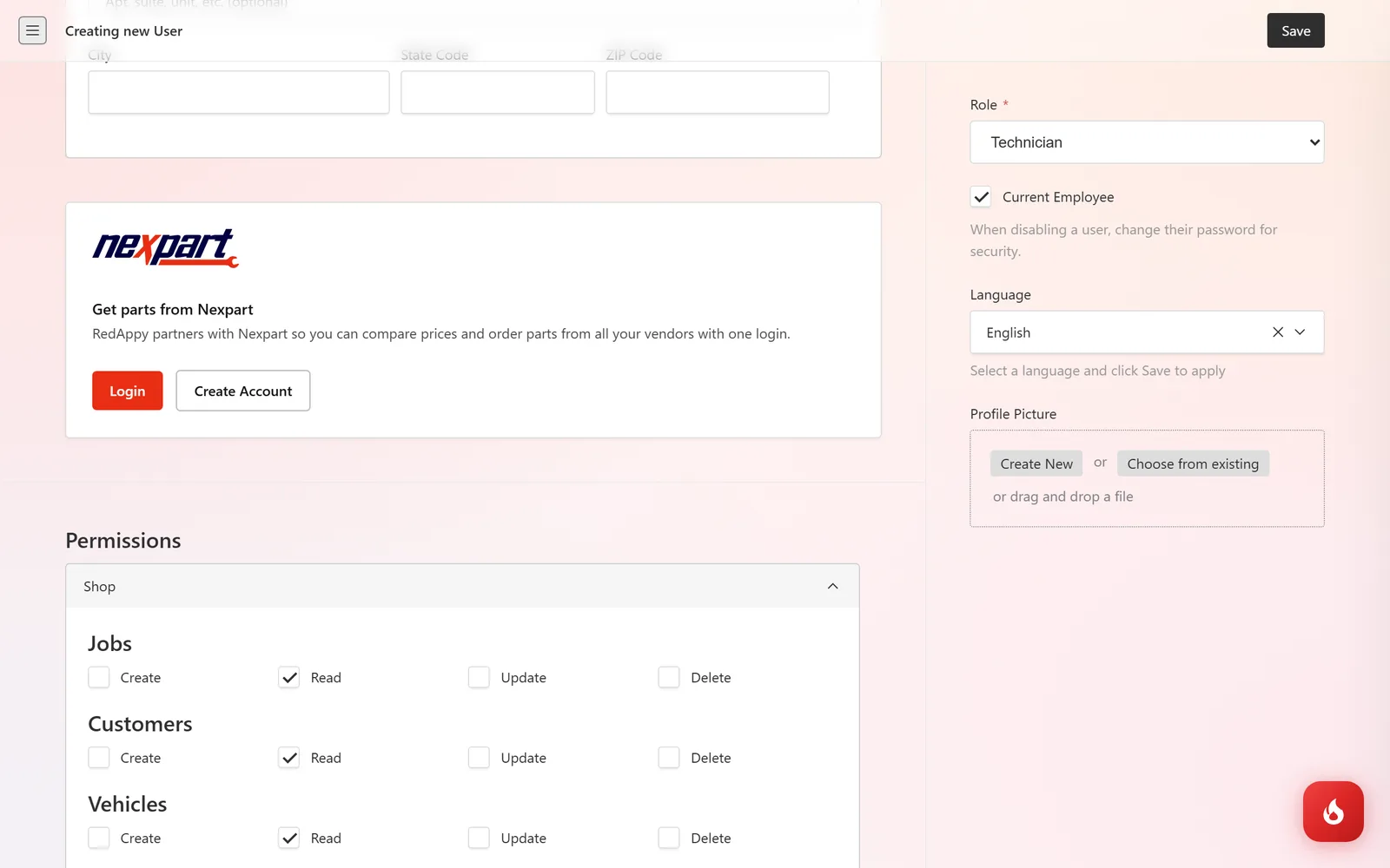 The Permissions area of a user with Create, Read, Update, and Delete checkboxes per area such as Jobs, Customers, and Vehicles, above a Nexpart parts login box