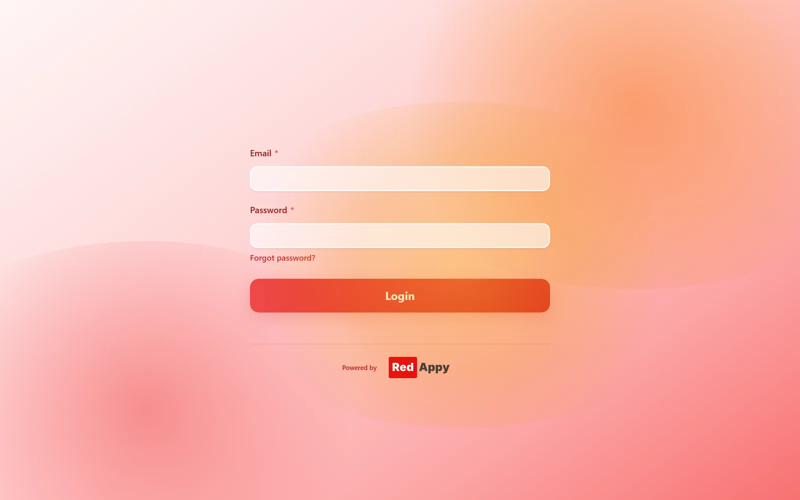 The RedAppy shop login page with Email and Password fields, a Forgot password link, and a red Login button