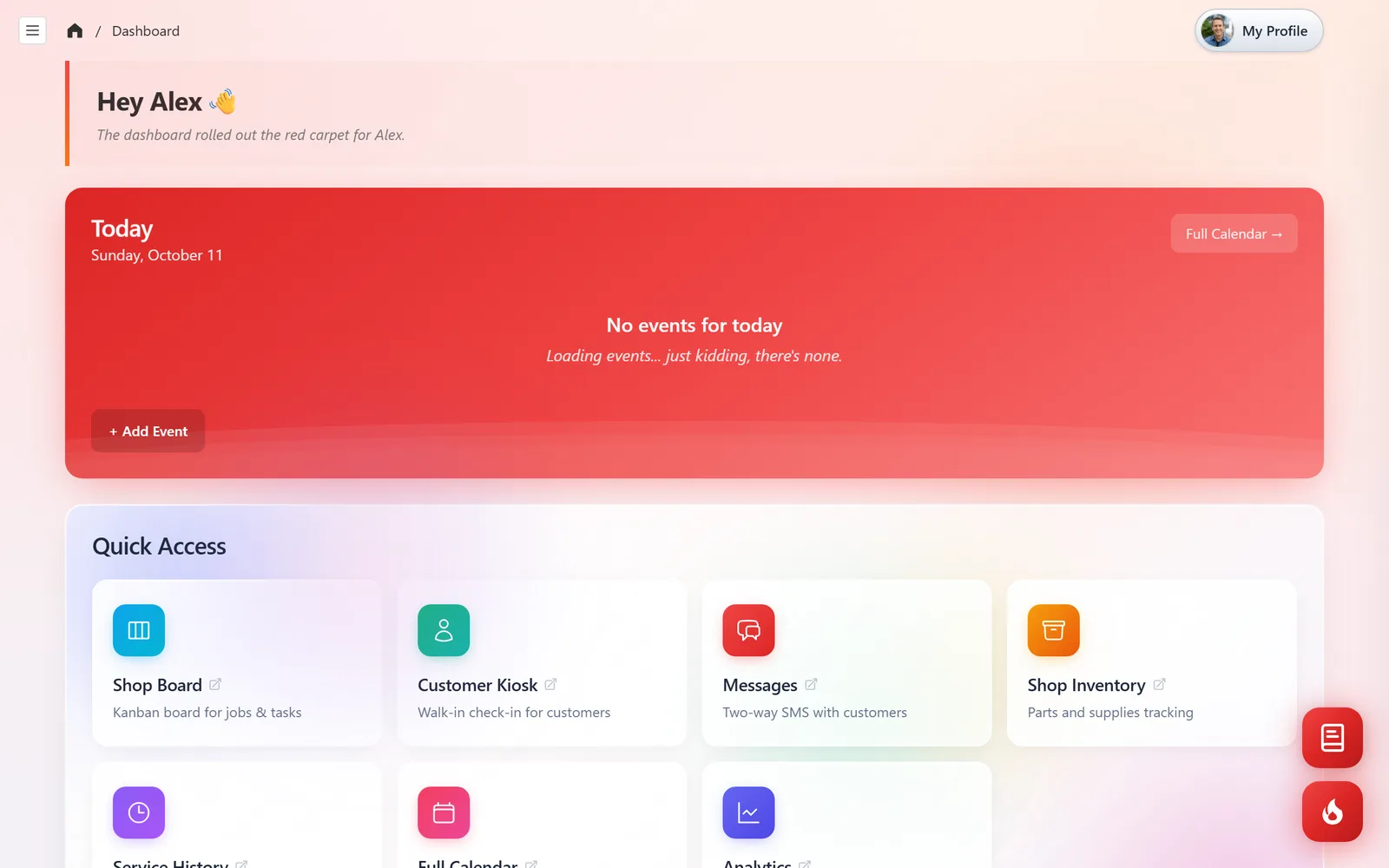 The dashboard after login: a greeting, a Today panel with the day's calendar events and an Add Event button, and Quick Access cards