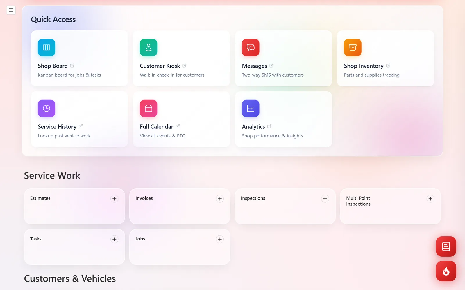 Quick Access cards for Shop Board, Customer Kiosk, Messages, Shop Inventory, Service History, Full Calendar, and Analytics