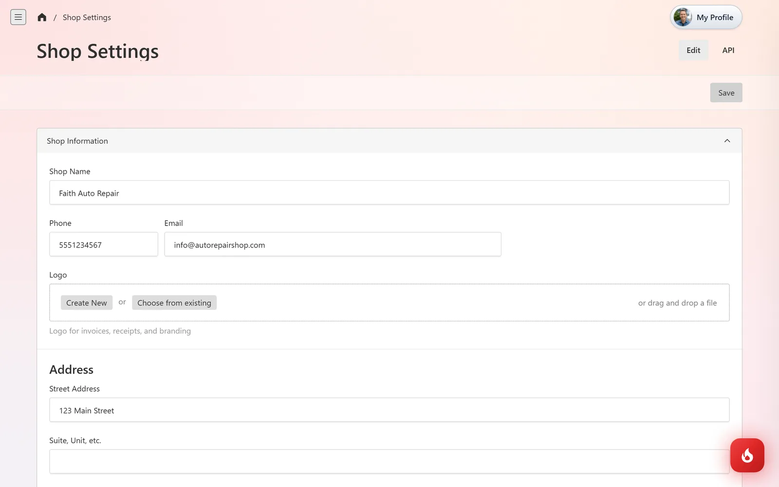 Shop Settings open at Shop Information: Shop Name, Phone, Email, a Logo upload box, and the Address fields