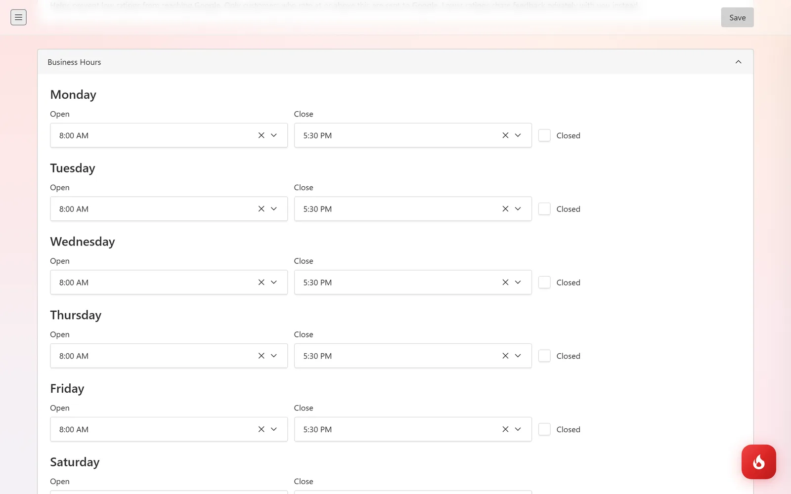 The Business Hours section with Open and Close times for each weekday and a Closed checkbox per day