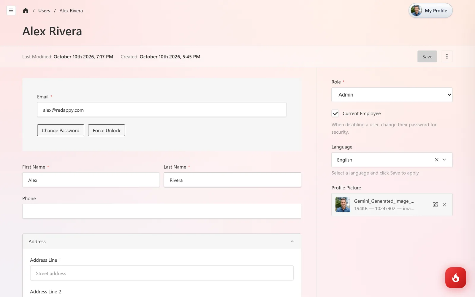 The My Profile page with Email, First Name, Last Name, Phone, Address, and in the right column Language, Role, Current Employee, and Profile Picture