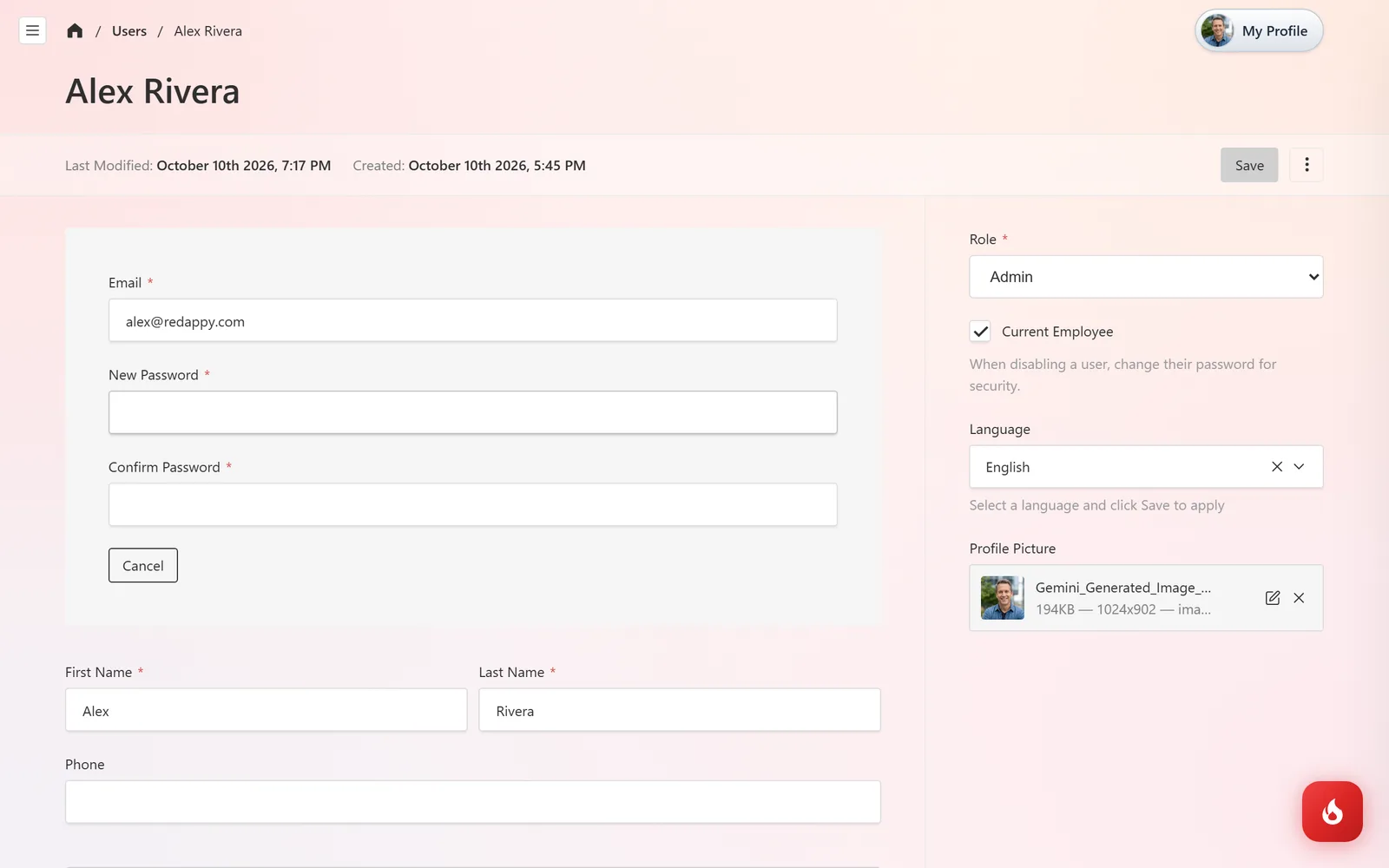 The My Profile page with the Change Password fields open