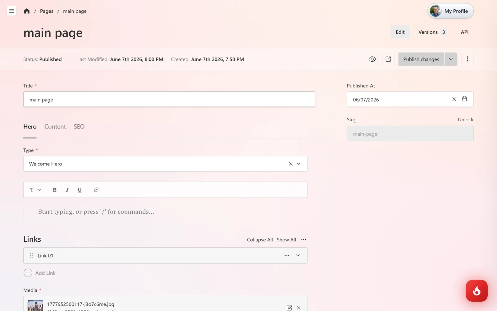 A page open in the editor with Hero, Content, and SEO tabs, the hero Type, Links, and Media fields, and Publish changes, Schedule Publish, and Unpublish actions