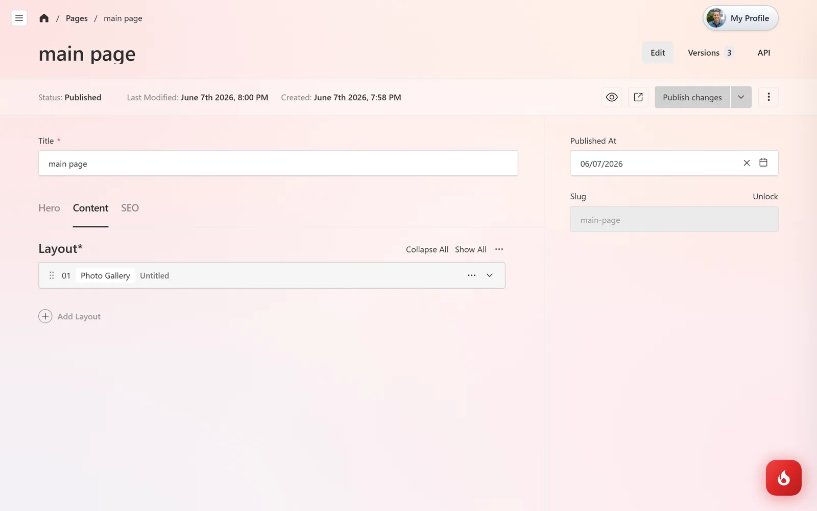 The Content tab of a page showing its layout blocks, such as a Photo Gallery, and an Add Layout button