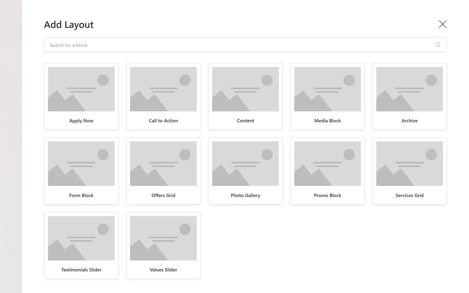 The block picker listing Apply Now, Call to Action, Content, Media Block, Archive, Form Block, Offers Grid, Photo Gallery, Promo Block, Services Grid, Testimonials Slider, and Values Slider