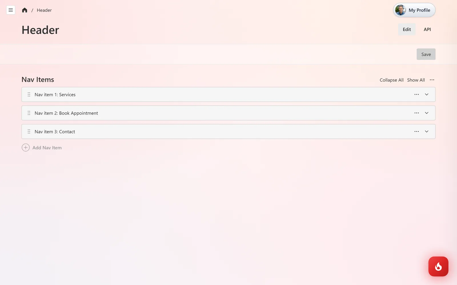 The Header global with the Nav Items list and an Add Nav Item button for the website menu