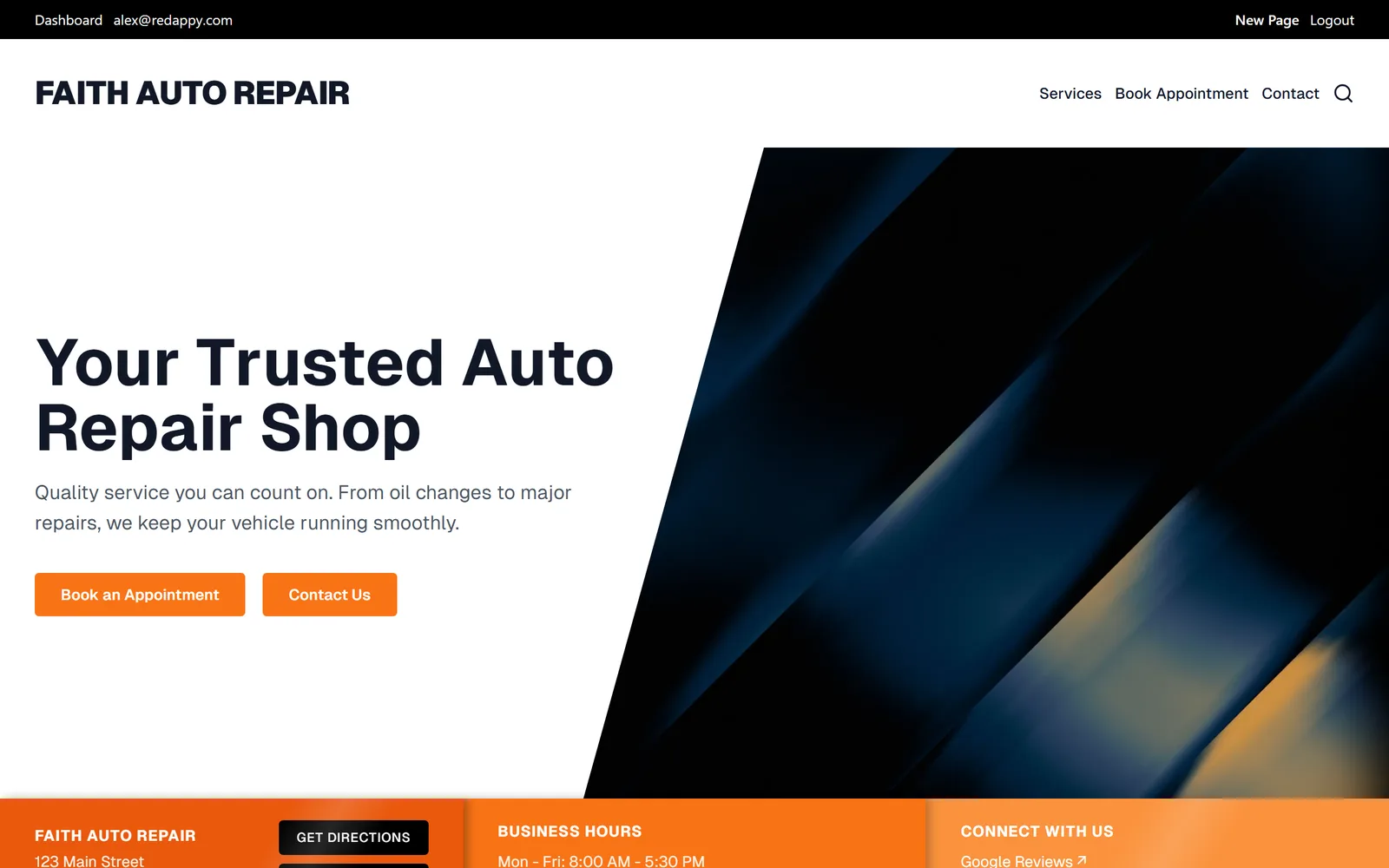 The public homepage of the shop website with the menu, hero banner, Book an Appointment and Contact Us buttons, and the shop address and hours