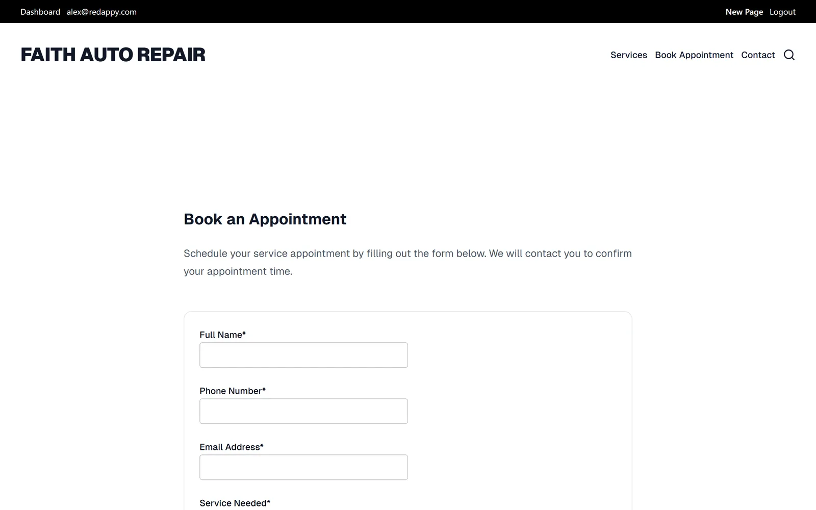 The Book an Appointment page on the shop website with the request form: name, phone, email, service needed, vehicle, preferred date and time