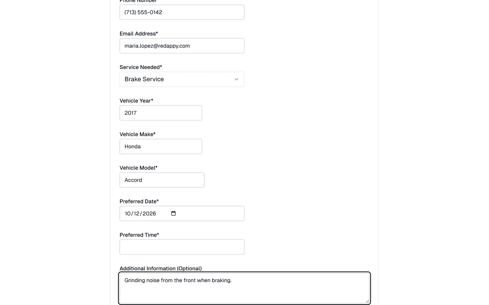 The booking form filled in by a customer: Brake Service for a 2017 Honda Accord, a preferred date, and a note about a grinding noise when braking