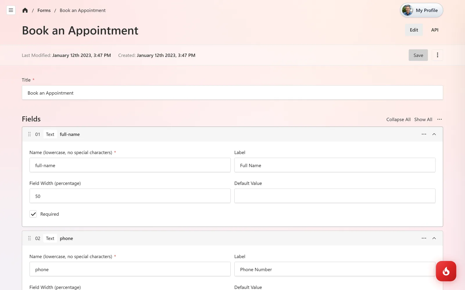 The Book an Appointment form in Website Content → Forms, with its ten fields listed and the Submit Button Label and Confirmation Message settings
