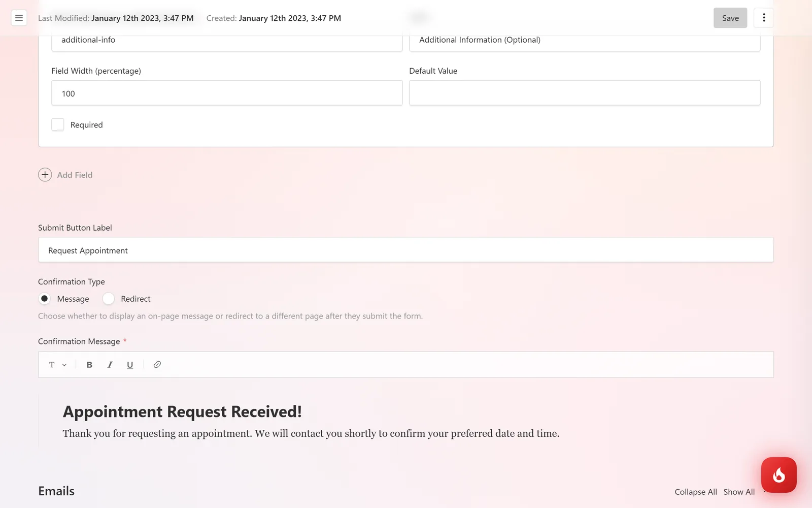 The Emails section of the booking form with Email To, CC, BCC, Reply To, Email From, Subject, and the confirmation message sent when a request comes in