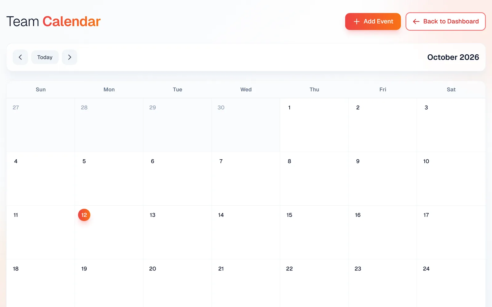 The Team Calendar page showing a month grid with Add Event, Back to Dashboard, and Today buttons