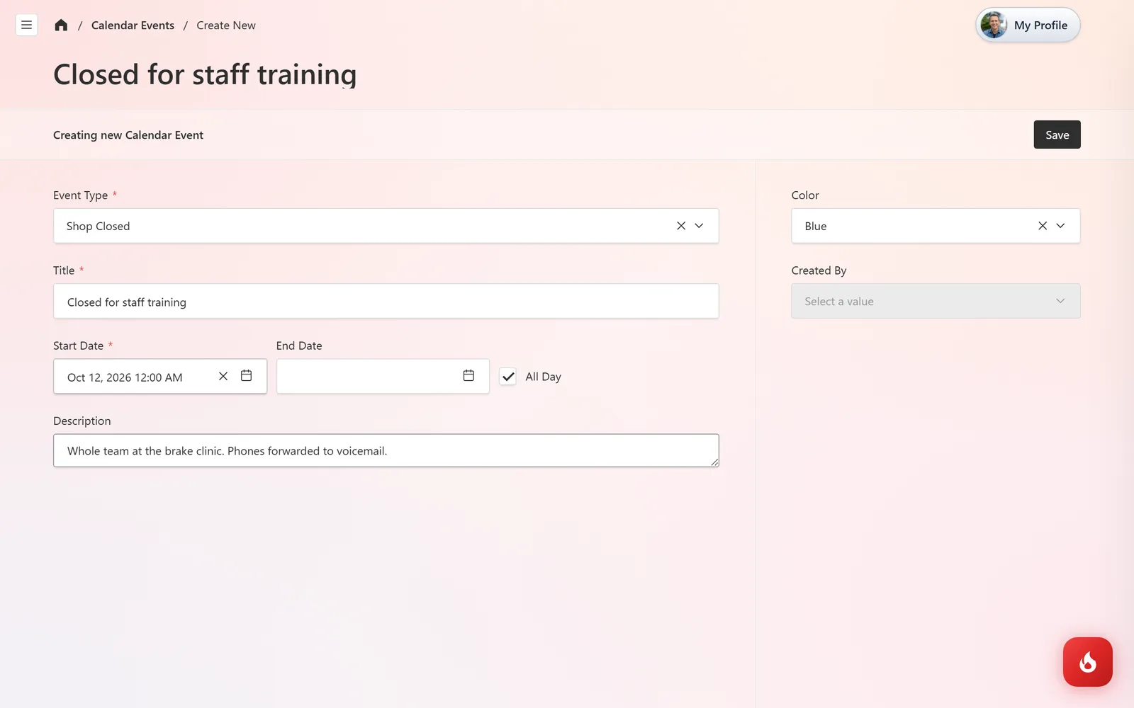 The new calendar event form with Event Type set to Shop Closed, a title, Start Date, All Day ticked, a description, and a Color picker