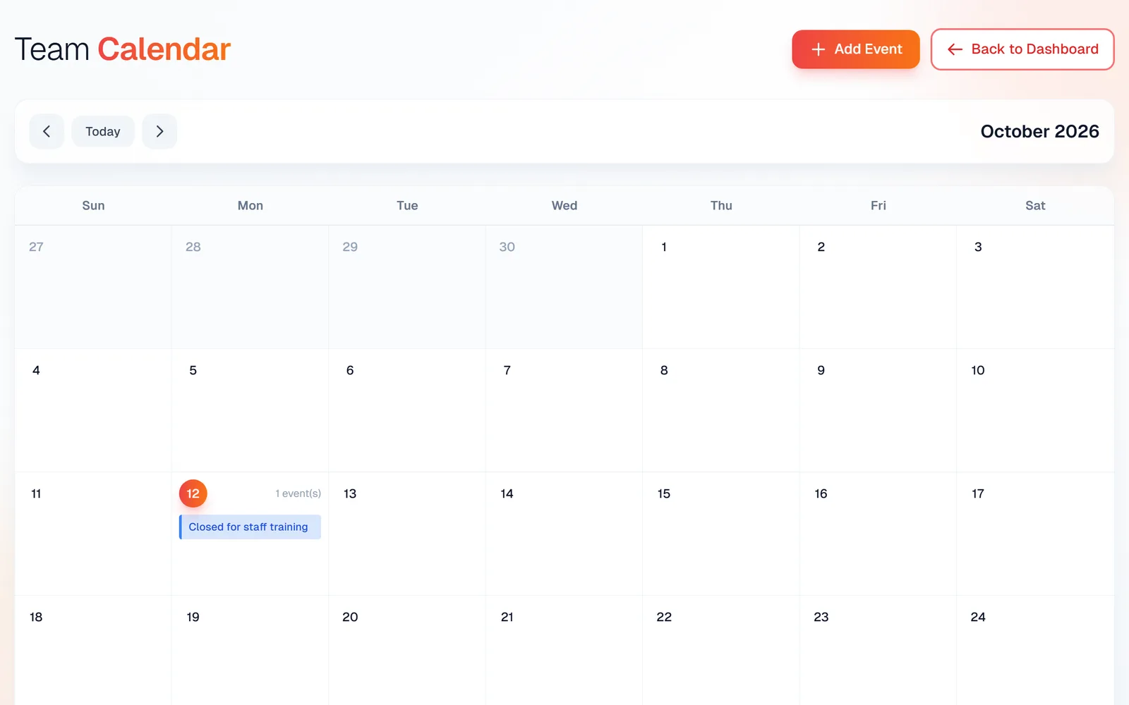The Team Calendar month view with the Closed for staff training event shown on Monday the 12th