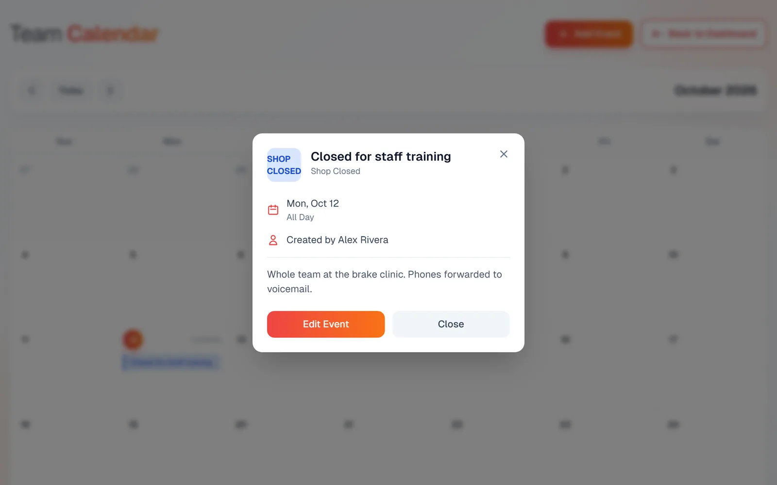 The event popup on the calendar showing Shop Closed, the date, All Day, who created it, the description, and Edit Event and Close buttons