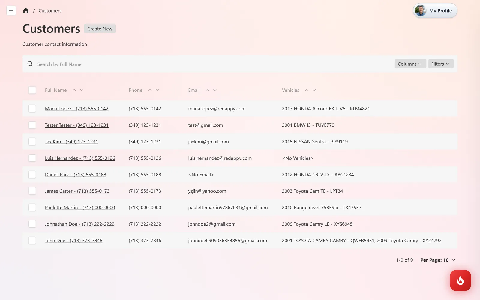 The Customers list in RedAppy with Full Name, Phone, Email, and Vehicles columns