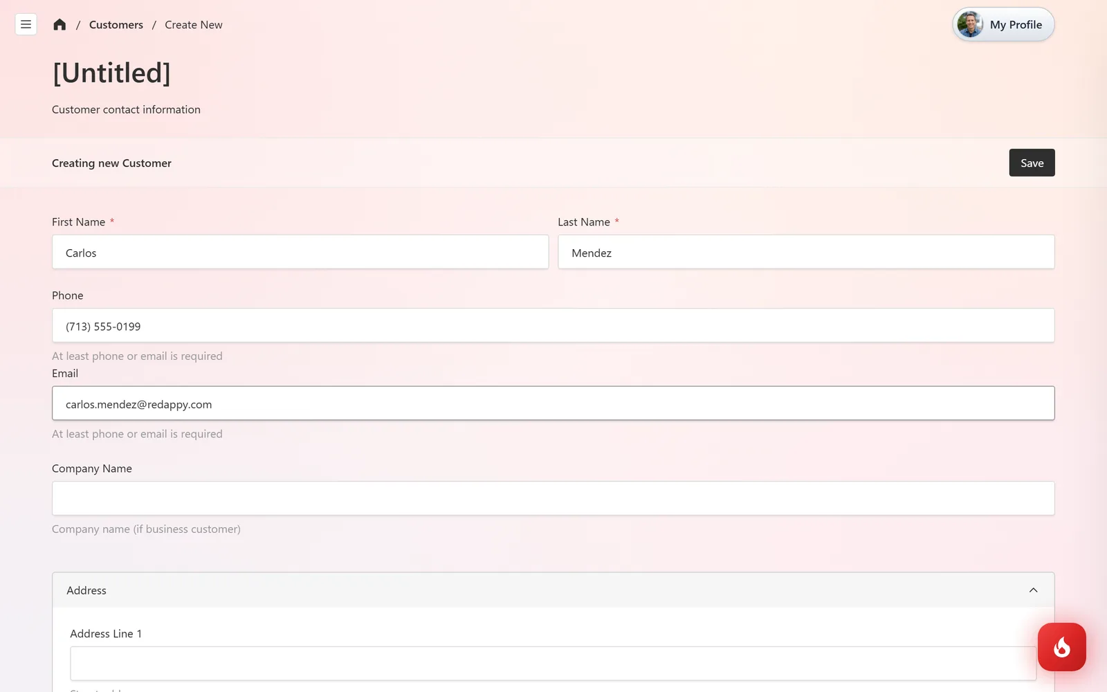 New customer form with First Name, Last Name, Phone, Email, and Company Name filled in for Carlos Mendez