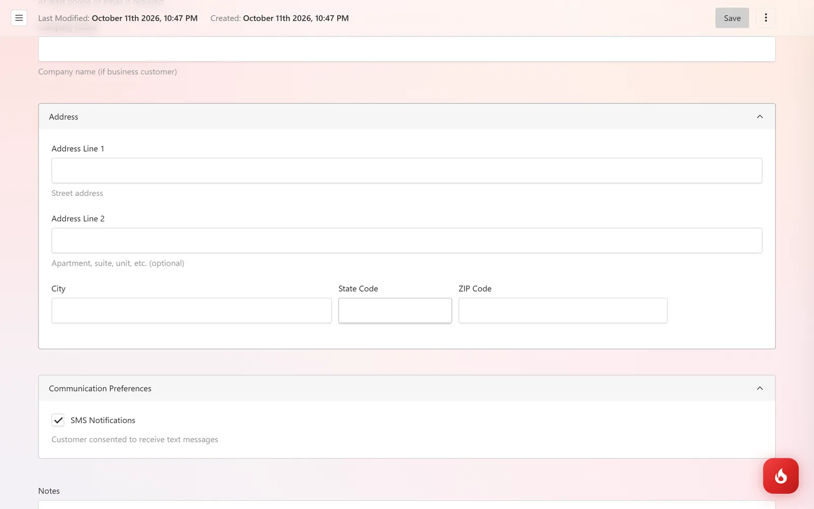 The Communication Preferences section with the SMS Notifications box ticked, above the Notes field