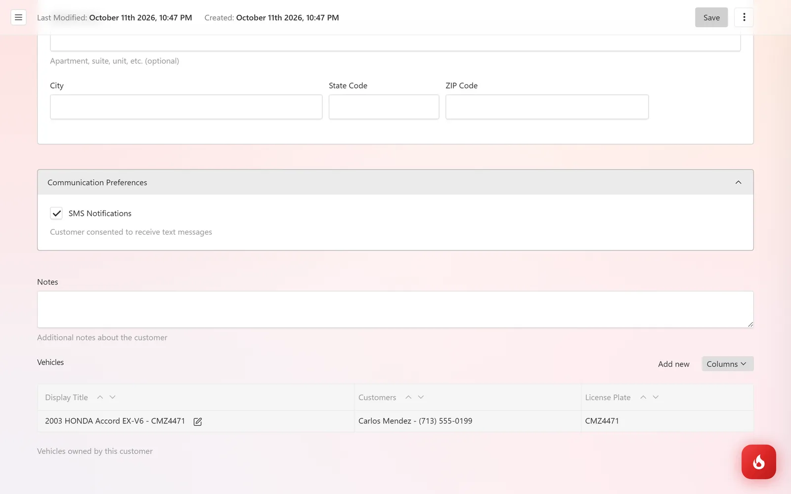 A saved customer record with the Vehicles table at the bottom listing a 2003 Honda Accord and an Add new link