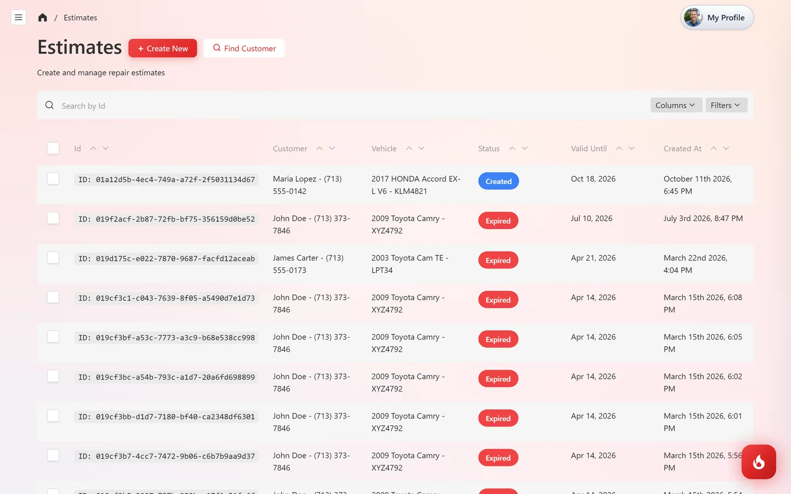 The Estimates list in RedAppy with the red Create New button and the Find Customer button at the top
