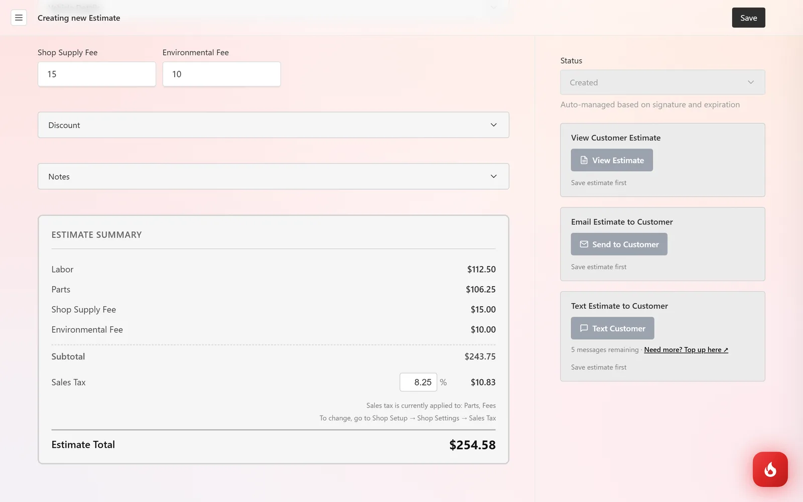 The Estimate Summary box showing labor, parts, fees, subtotal, sales tax, and the estimate total