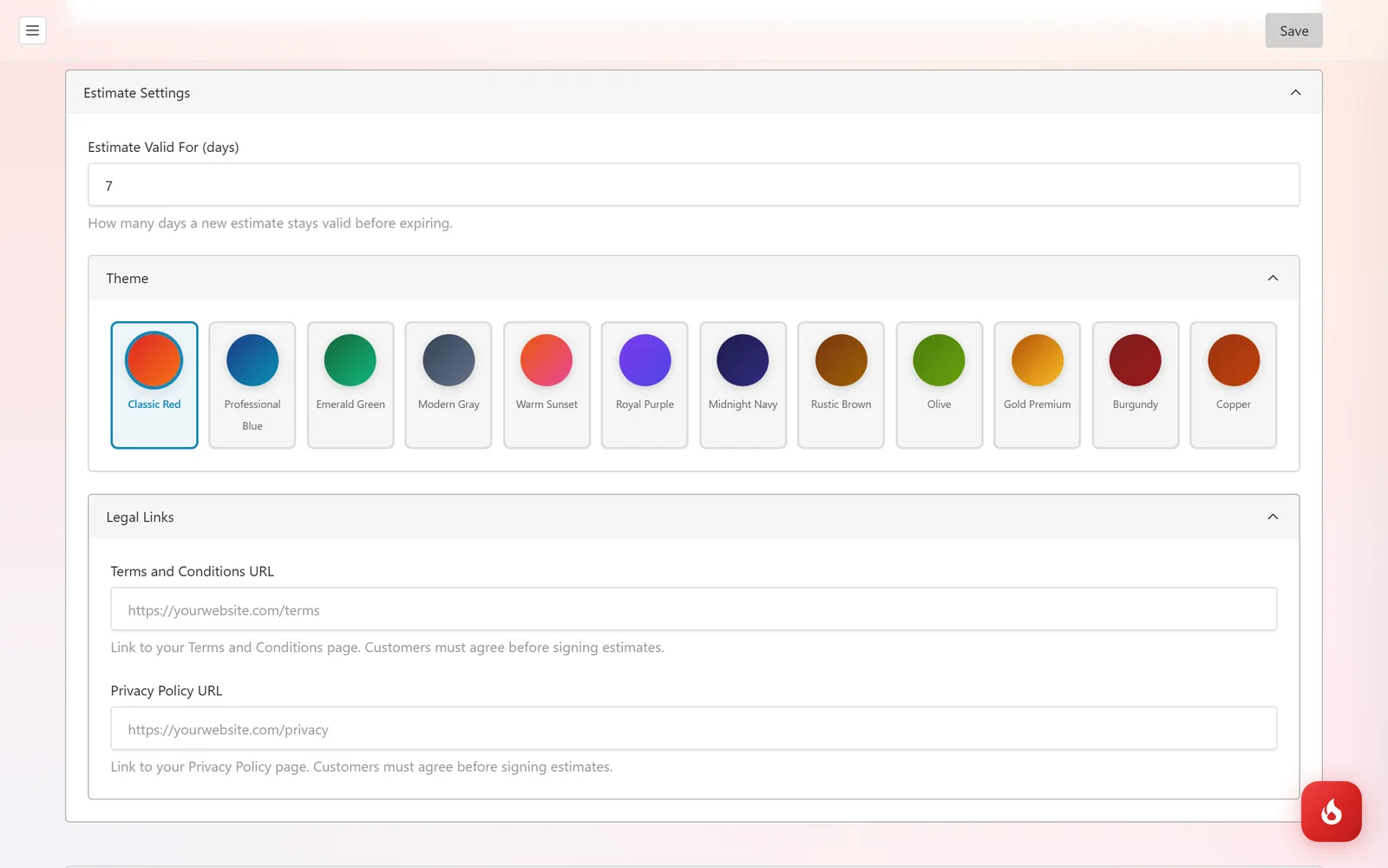 The Estimate Settings section of Shop Settings with Estimate Valid For (days), the Theme color swatches, and the Legal Links fields