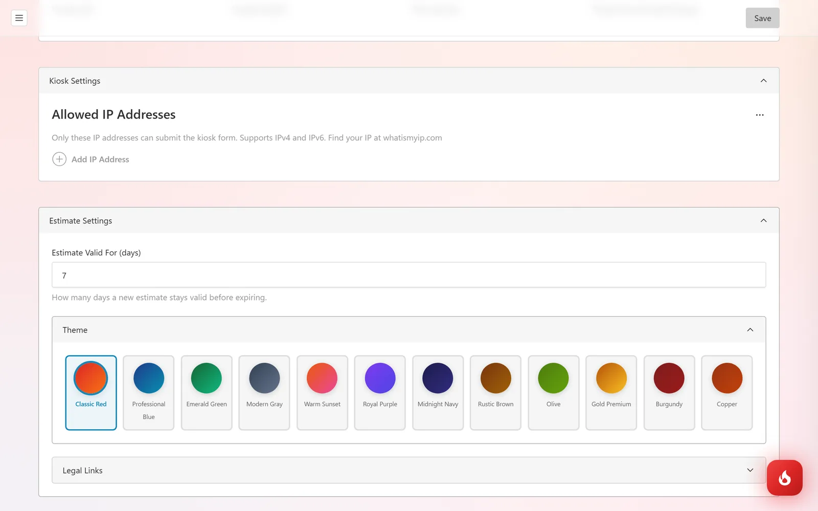 The Theme picker with twelve color swatches: Classic Red, Professional Blue, Emerald Green, Modern Gray, Warm Sunset, Royal Purple, Midnight Navy, Rustic Brown, Olive, Gold Premium, Burgundy, and Copper