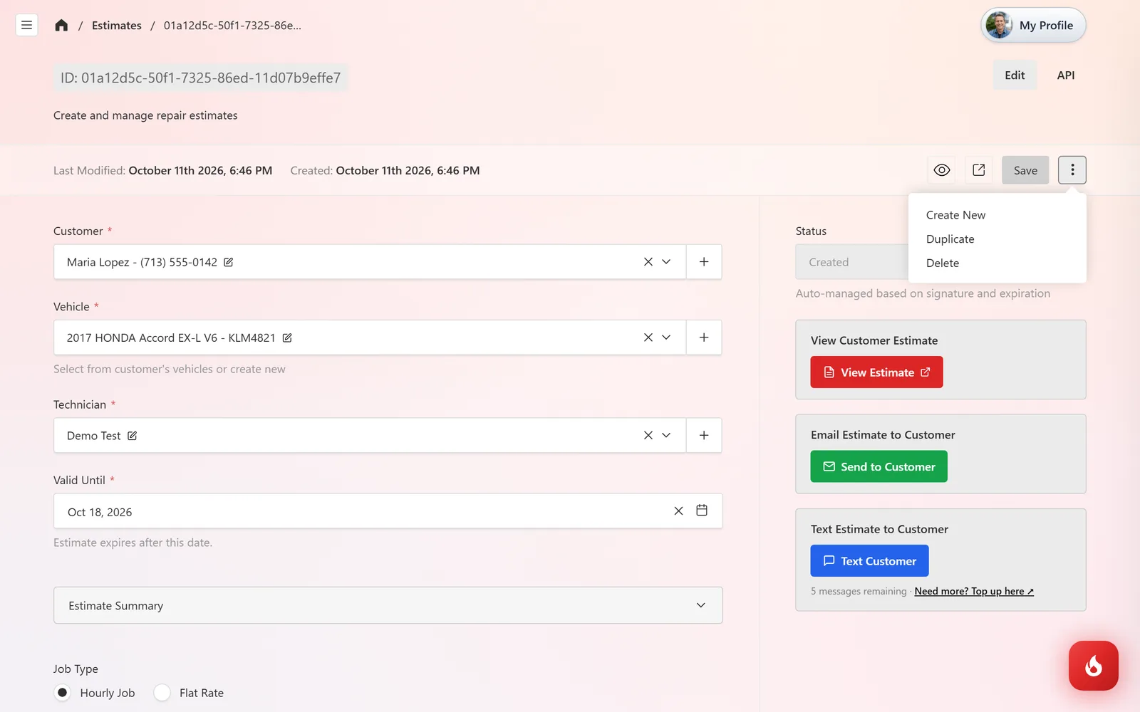 An open estimate with the three-dot menu next to Save showing Create New, Duplicate, and Delete