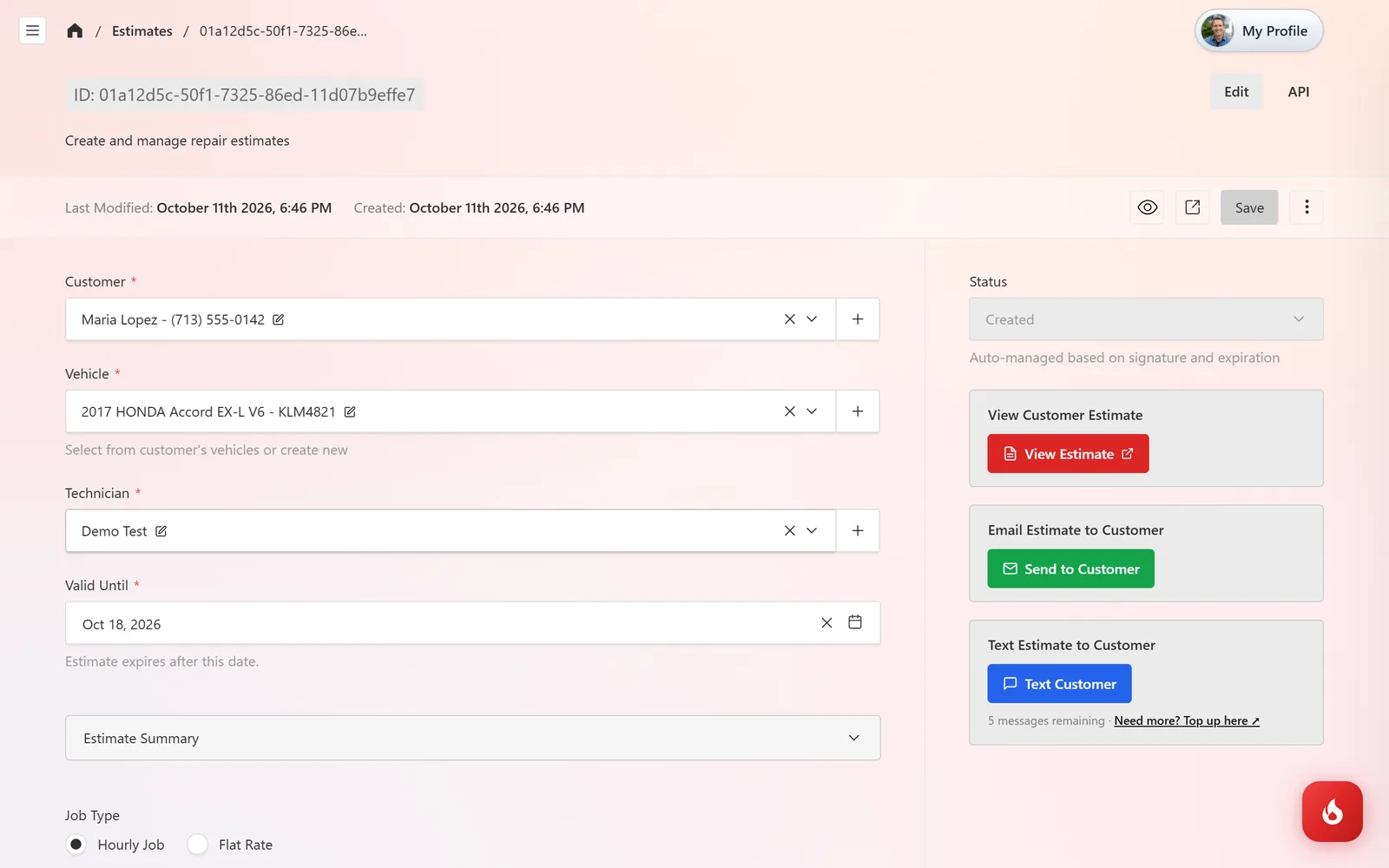 A saved estimate in RedAppy with the View Estimate, Send to Customer, and Text Customer buttons in the right column
