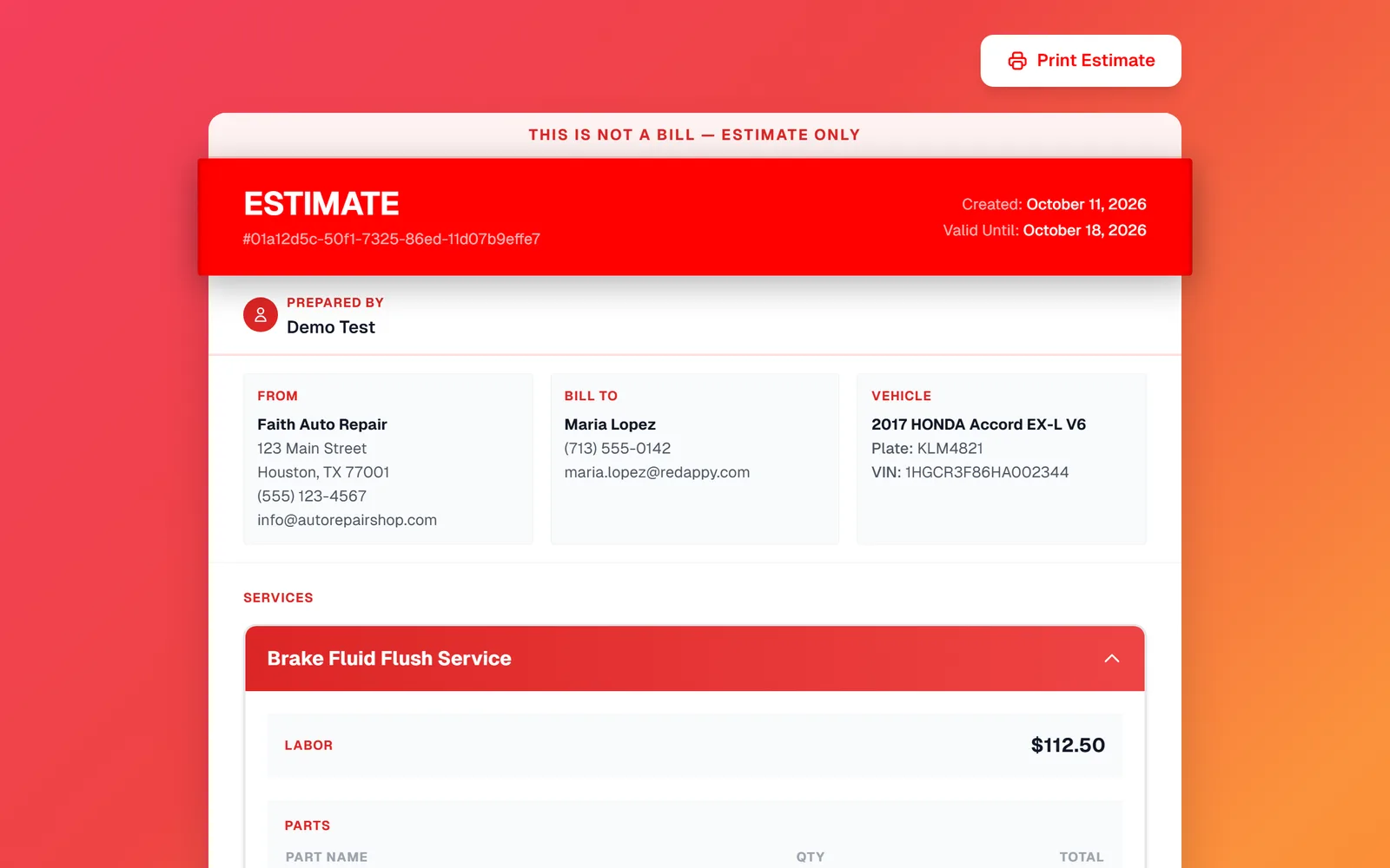 The estimate page the customer opens: shop details, customer and vehicle, Valid Until date, and a Print Estimate button