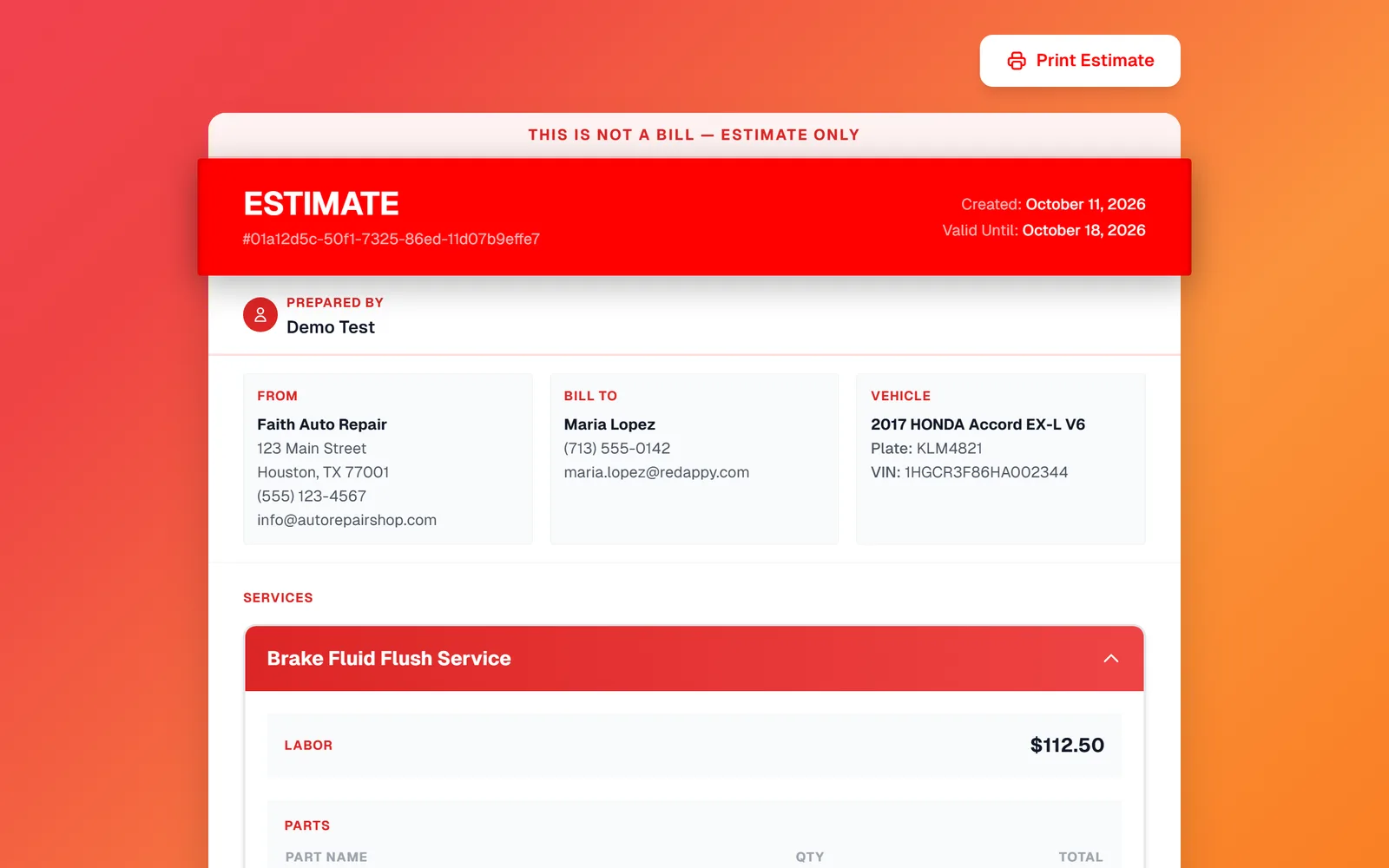 The Services section of the customer estimate page with labor, parts, the Estimate Summary, and the Customer Approval box