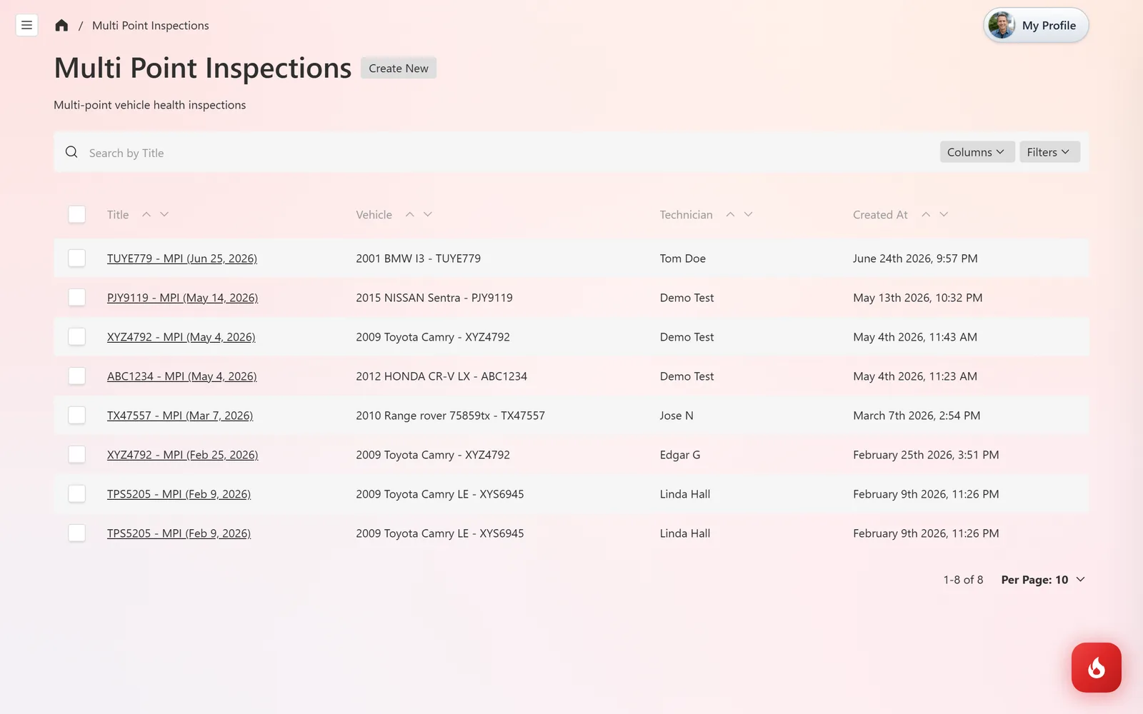 The Multi Point Inspections list with Title, Vehicle, Technician, and Created At columns