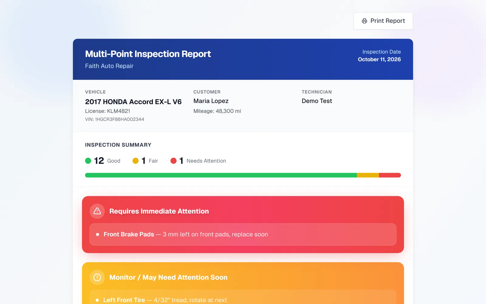 The customer-facing Multi-Point Inspection Report: vehicle, customer, technician, a summary bar of 12 Good, 1 Fair, 1 Needs Attention, and a red Requires Immediate Attention box listing Front Brake Pads