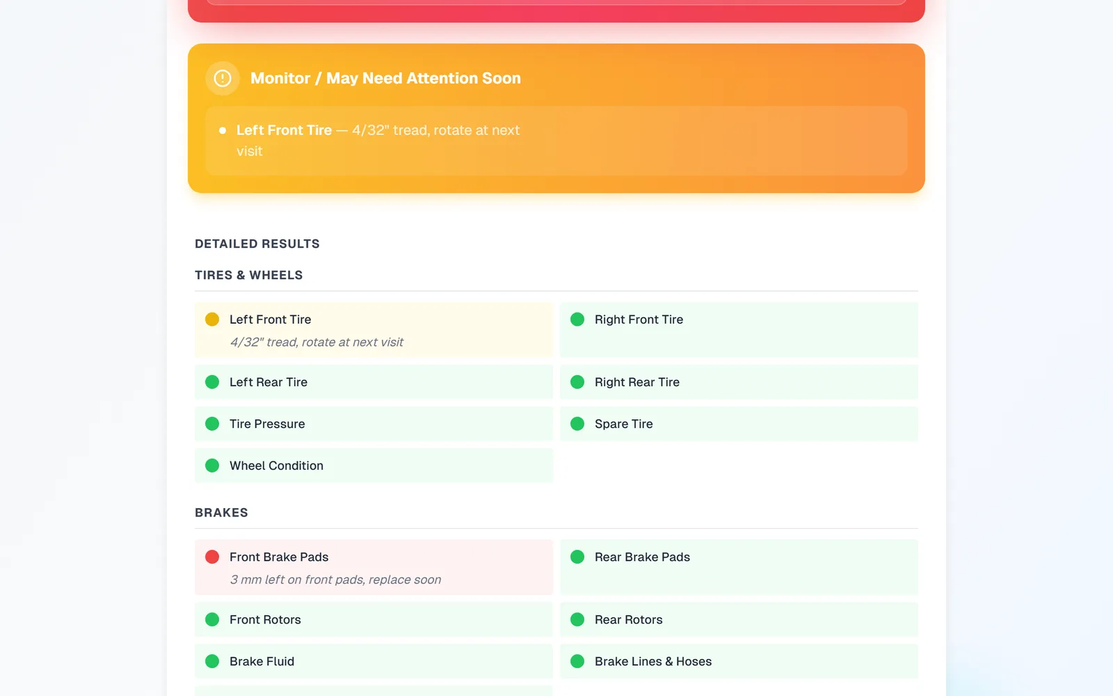 The Detailed Results part of the report with every tire and brake item color coded green, yellow, or red, and the technician note under Left Front Tire