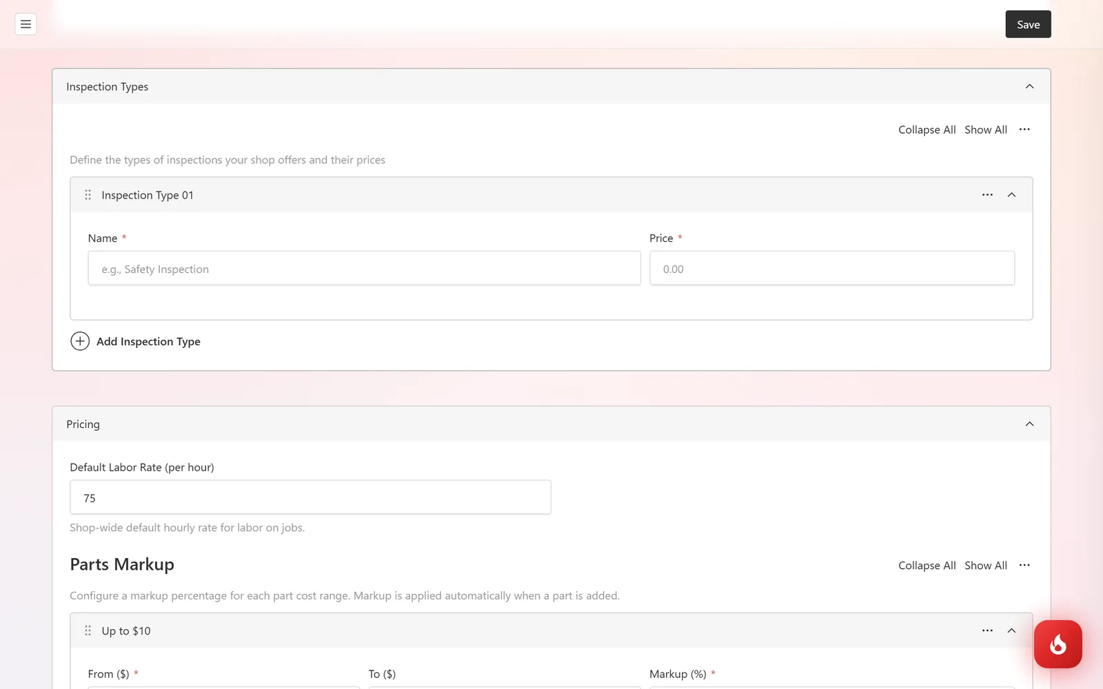 The Inspection Types section of Shop Settings with an Inspection Type row that has Name and Price fields, and an Add Inspection Type button