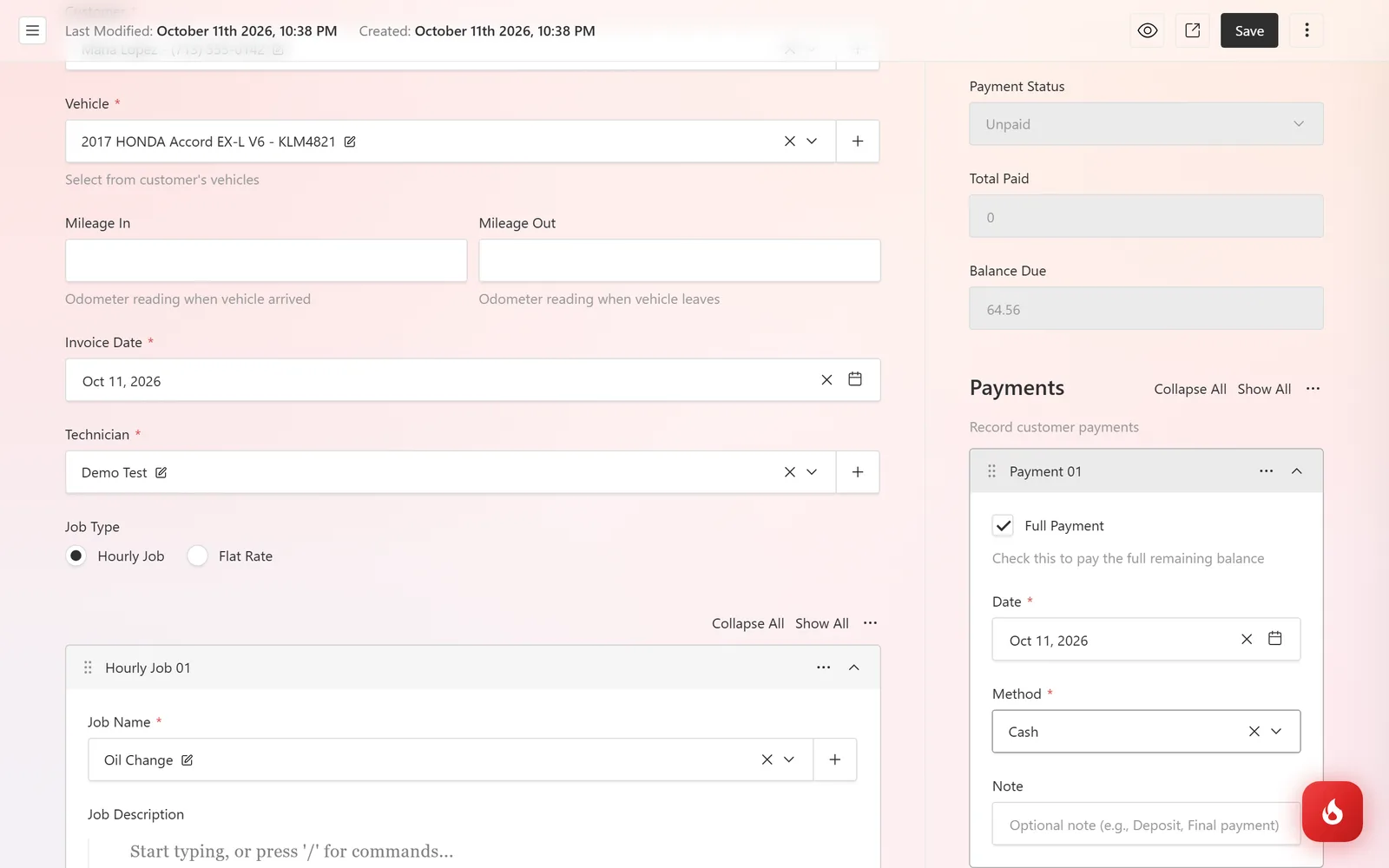 Payment 01 on an invoice with Full Payment checked, the date, Method set to Cash, and an optional Note field