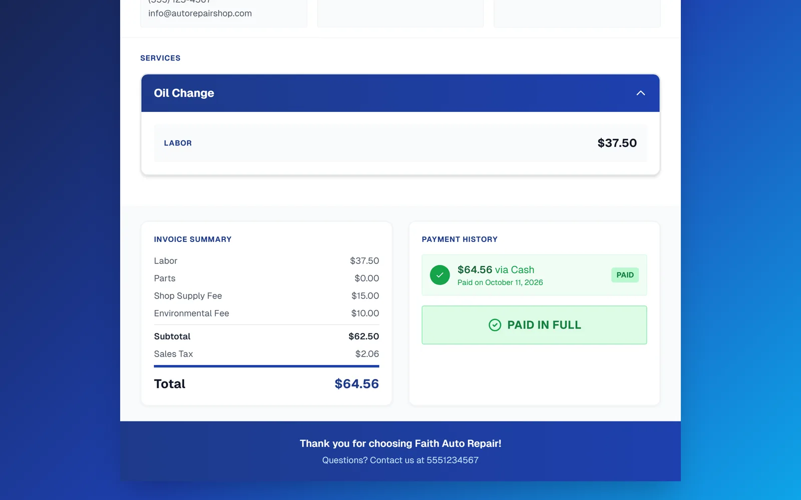 The customer-facing invoice showing Payment History with a Cash payment and a green Paid in Full badge