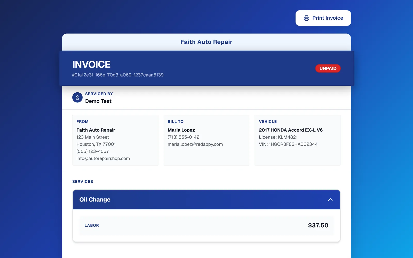 The invoice page the customer opens: shop name, invoice number with an Unpaid badge, who serviced the car, bill-to and vehicle details, and a Print Invoice button