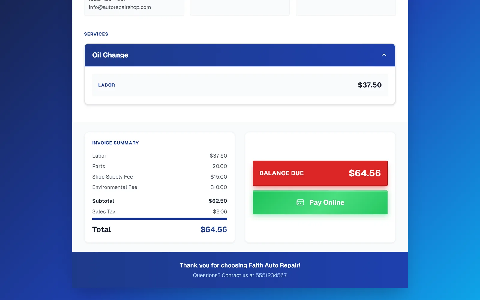 The bottom of the customer invoice with the Invoice Summary, a red Balance Due box, and a green Pay Online button