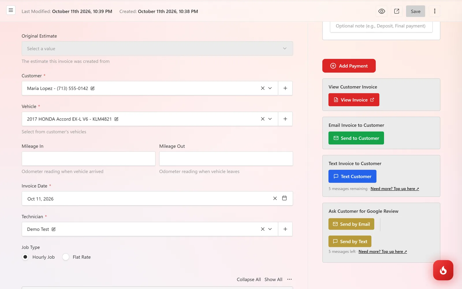 The Ask Customer for Google Review box on the invoice with Send by Email and Send by Text buttons
