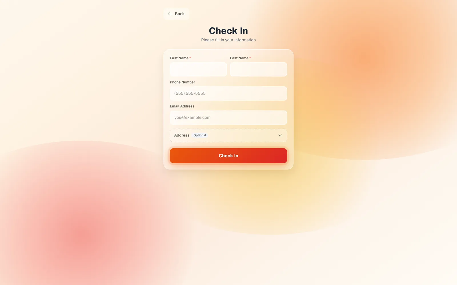 The kiosk Check In form with First Name, Last Name, Phone Number, Email Address, an optional Address section, and a Check In button