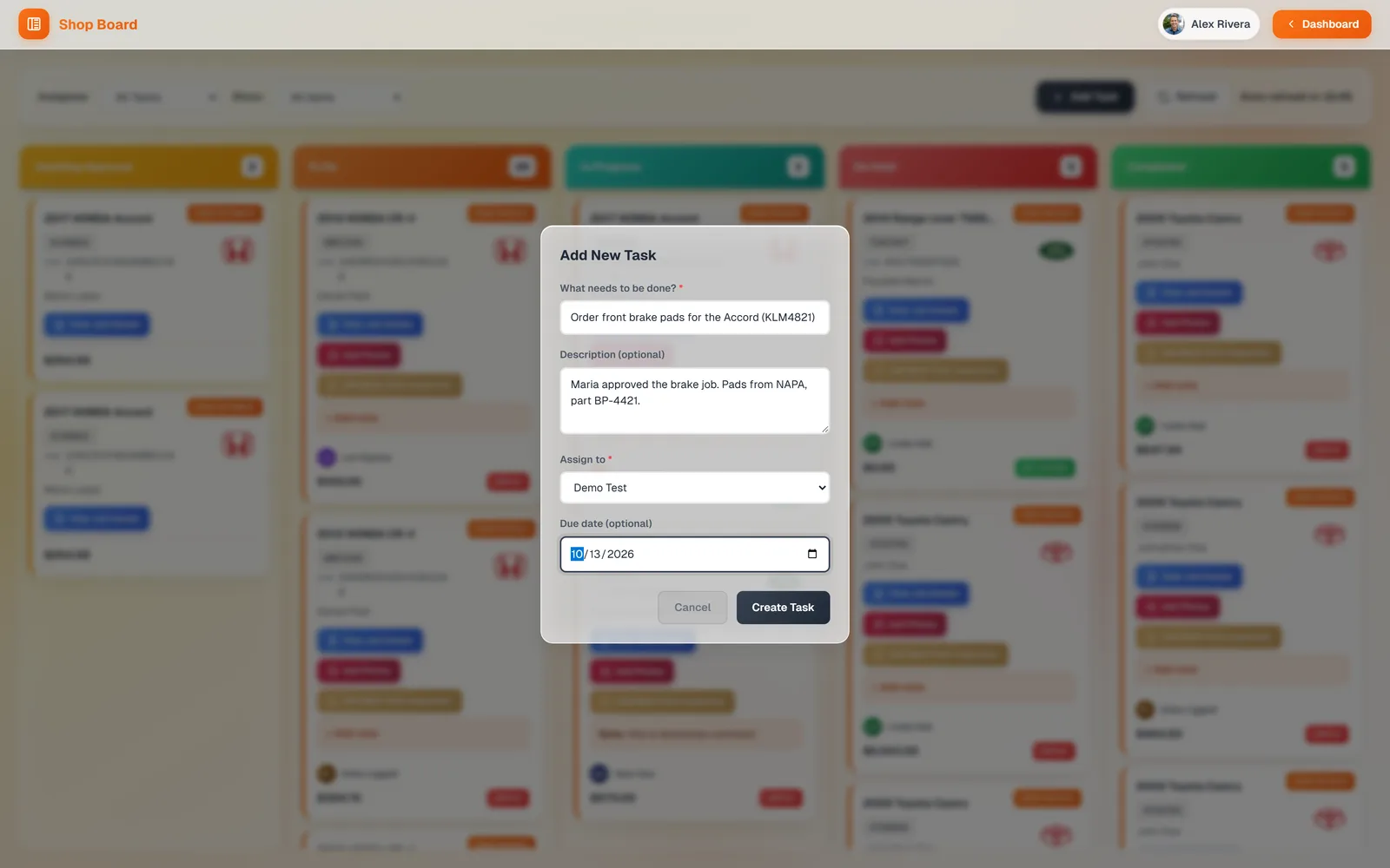 The Add New Task popup on the Shop Board with What needs to be done, Description, Assign to set to a technician, a Due date, and a Create Task button