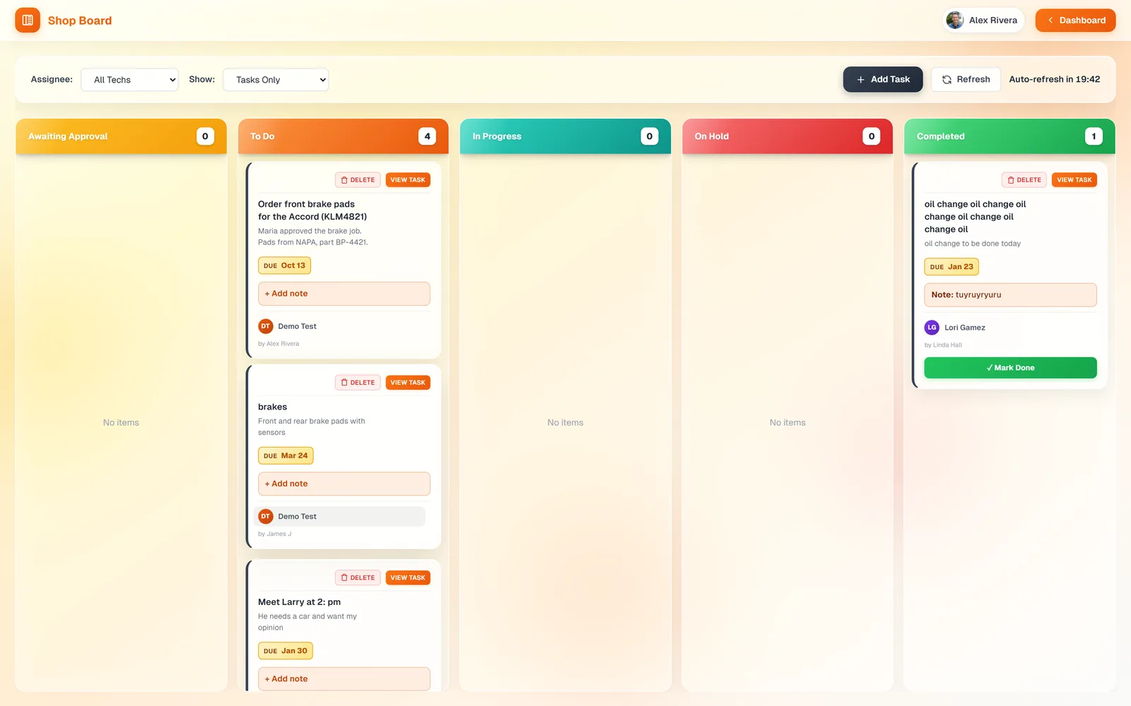 The board columns filtered to Tasks Only, showing task cards with a title, description, due date badge, assignee, and Delete and View Task buttons